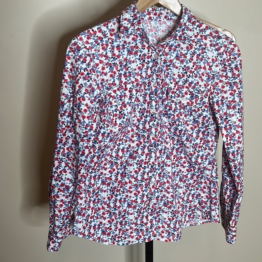 Tahari Floral Poplin Cotton Blend Button Down Shirt Size S